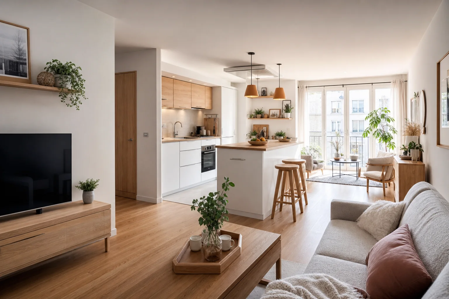 Cuisine ouverte lumineuse sur salon dans un petit espace de vie chaleureux